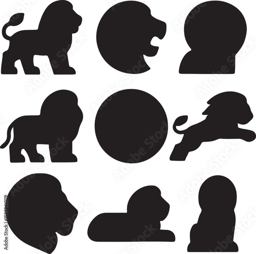 Playful Stylized Lion Silhouettes Grid  Minimalist Black & White Vector Illustration