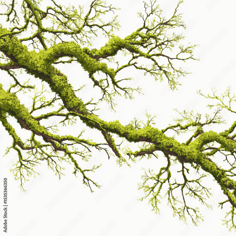 Fototapeta premium Intricate Branches Covered in Lush Green Moss , white background cut out PNG
