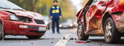 Two cars in minor collision on modern city street, blurred officer approaching｜urban traffic incident scene
