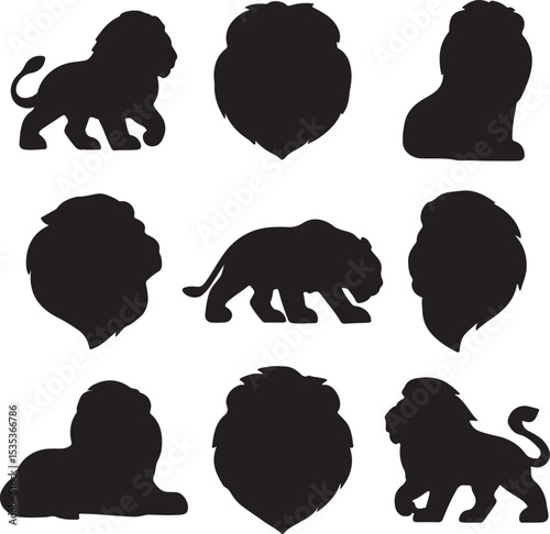 Stark Graphic 3x3 Grid of Silhouetted Lions Bold Minimalist Vector Composition