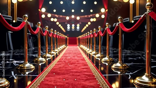 Luxurious red carpet event entrance with golden stanchions, black flooring, and stage lights for grand arrival