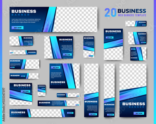 Set of business banner templates with blue background. Modern technology design, abstract background layout with photos. Editable Vector collection corporate banner.	