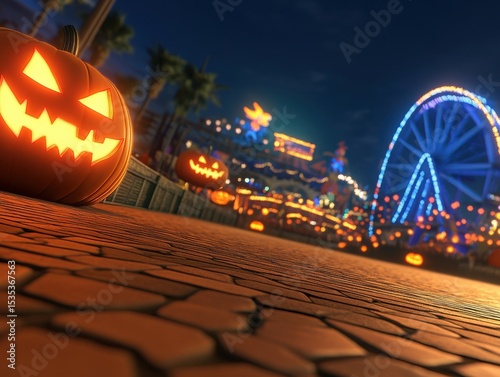 Festive Halloween Pumpkins at Amusement Park During Nighttime