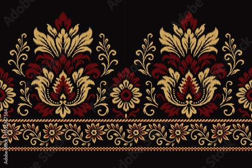 Seamless ikat damask floral pattern with gold and maroon ornamental motifs on black background, perfect for ethnic textile, abstract fabric, traditional clothing, elegant decoration illustration.