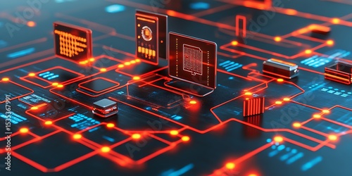 Artificial intelligence circuitry with luminous red pathways and components