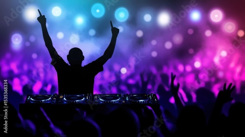 DJ Performing Live at Nightclub with Colorful Lights and Crowd