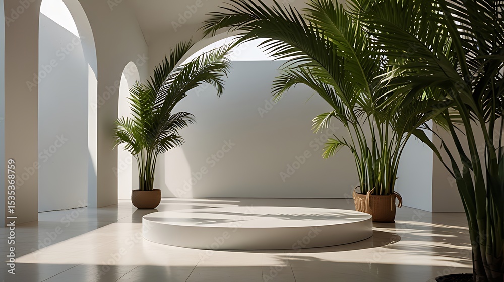 Fototapeta premium Minimalist white room with palm plants and round display platform