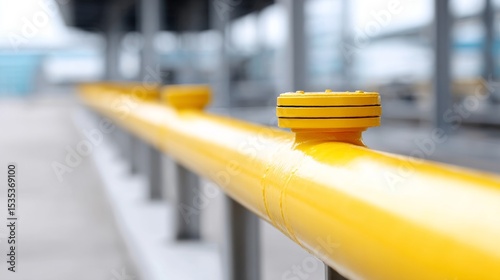 A bright yellow railing captures attention in a modern outdoor setting. This image shows a close-up view highlighting design and safety features. Perfect for industrial or architectural themes. AI