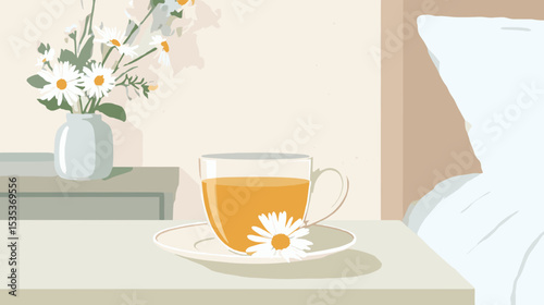 Cup of chamomile tea on bedside table with daisy and flowers in vase - healthy lifestyle