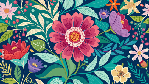 Colorful Folk Art Floral Pattern with Decorative Bloom and Leaves