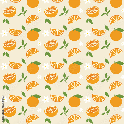 Seamless fruit pattern background with fresh orange, lemon,  vector illustration