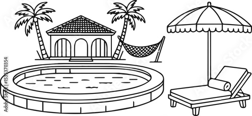 Create a kinds of sea beech sketch, building, drawing, architecture, house, landscape, vector, home, illustration, town, city, street, travel, art, tree, garden, farm vector art with white background.