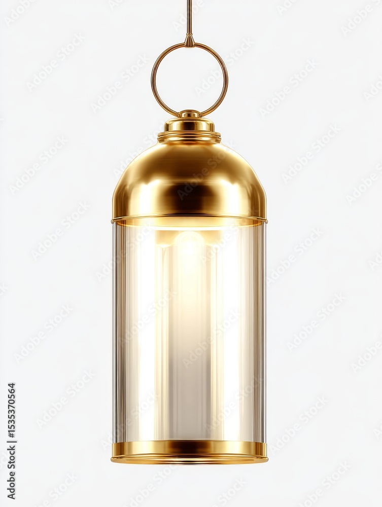 Fototapeta premium Elegant hanging lamp with a gold finish. This lamp features a classic design and a clear glass shade. Perfect for home decor and ambient lighting. Enhance your space with style. AI