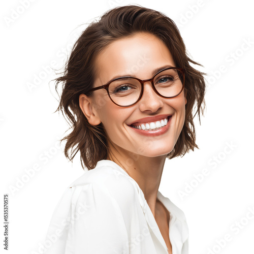 Smiling Woman in Glasses - Portrait , white background cut out PNG
