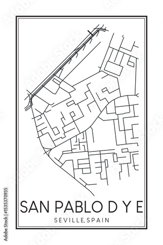 Hand drawn printable downtown road map poster of district SAN PABLO D Y E of the Spanish city of SEVILLE on solid white background with city name