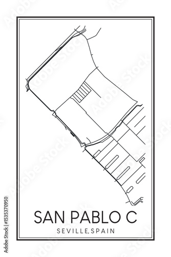 Hand drawn printable downtown road map poster of district SAN PABLO C of the Spanish city of SEVILLE on solid white background with city name