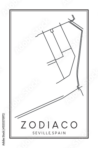 Hand drawn printable downtown road map poster of district ZODIACO of the Spanish city of SEVILLE on solid white background with city name