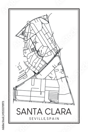 Hand drawn printable downtown road map poster of district SANTA CLARA of the Spanish city of SEVILLE on solid white background with city name