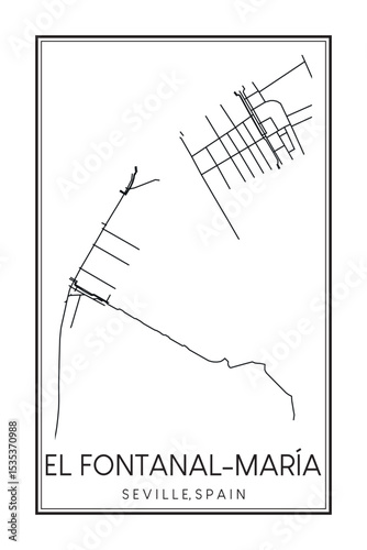 Hand drawn printable downtown road map poster of district EL FONTANAL-MARÍA of the Spanish city of SEVILLE on solid white background with city name