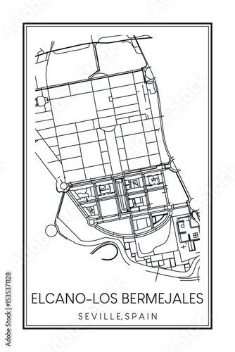 Hand drawn printable downtown road map poster of district ELCANO-LOS BERMEJALES of the Spanish city of SEVILLE on solid white background with city name