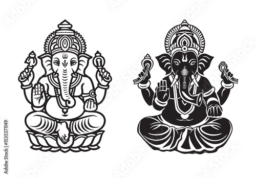 Ganesha Black and White Line Art of the Hindu God