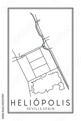 Hand drawn printable downtown road map poster of district HELIÓPOLIS of the Spanish city of SEVILLE on solid white background with city name