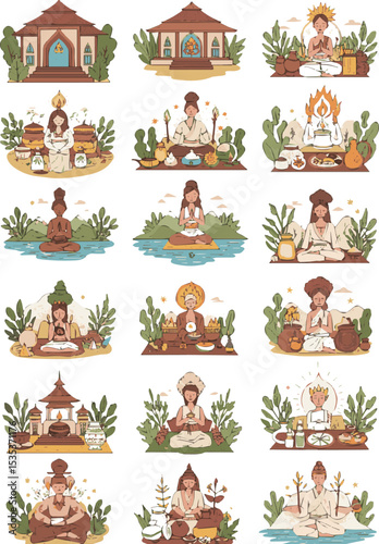 Create a kinds of deferent Ayurveda retreat isolated vector art with white background.