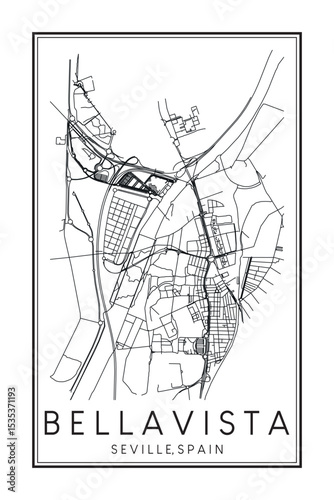 Hand drawn printable downtown road map poster of district BELLAVISTA of the Spanish city of SEVILLE on solid white background with city name