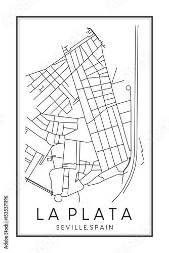 Hand drawn printable downtown road map poster of district LA PLATA of the Spanish city of SEVILLE on solid white background with city name