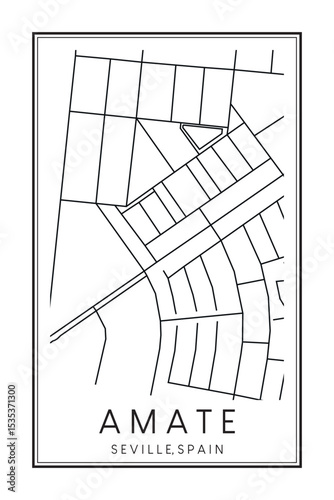 Hand drawn printable downtown road map poster of district AMATE of the Spanish city of SEVILLE on solid white background with city name