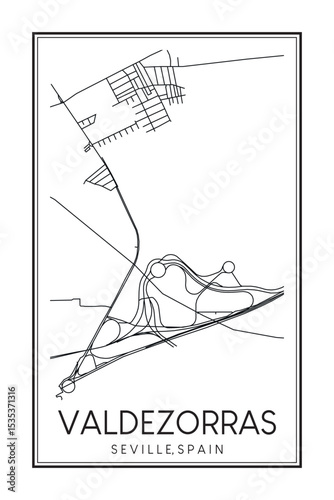 Hand drawn printable downtown road map poster of district VALDEZORRAS of the Spanish city of SEVILLE on solid white background with city name