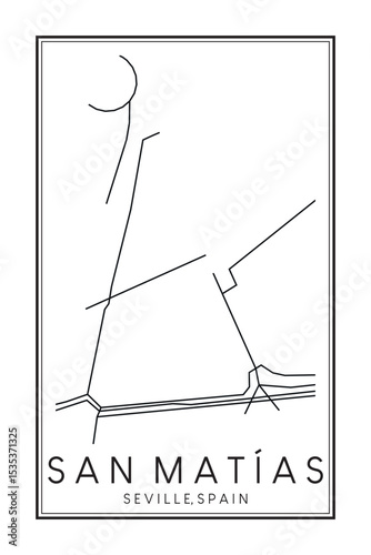 Hand drawn printable downtown road map poster of district SAN MATÍAS of the Spanish city of SEVILLE on solid white background with city name