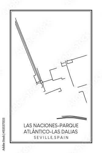 Hand drawn printable downtown road map poster of district LAS NACIONES-PARQUE ATLÁNTICO-LAS DALIAS of the Spanish city of SEVILLE on solid white background with city name