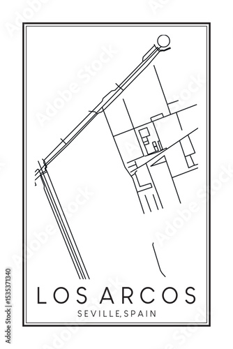 Hand drawn printable downtown road map poster of district LOS ARCOS of the Spanish city of SEVILLE on solid white background with city name