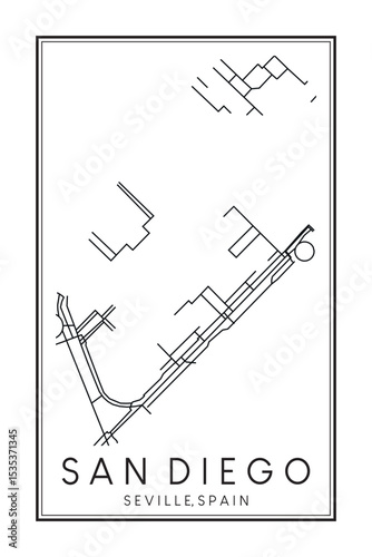 Hand drawn printable downtown road map poster of district SAN DIEGO of the Spanish city of SEVILLE on solid white background with city name