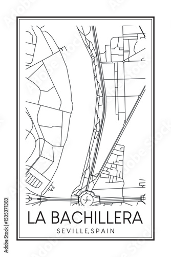 Hand drawn printable downtown road map poster of district LA BACHILLERA of the Spanish city of SEVILLE on solid white background with city name