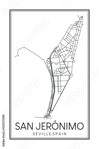 Hand drawn printable downtown road map poster of district SAN JERÓNIMO of the Spanish city of SEVILLE on solid white background with city name