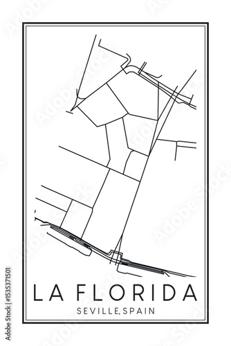 Hand drawn printable downtown road map poster of district LA FLORIDA of the Spanish city of SEVILLE on solid white background with city name