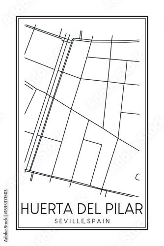 Hand drawn printable downtown road map poster of district HUERTA DEL PILAR of the Spanish city of SEVILLE on solid white background with city name