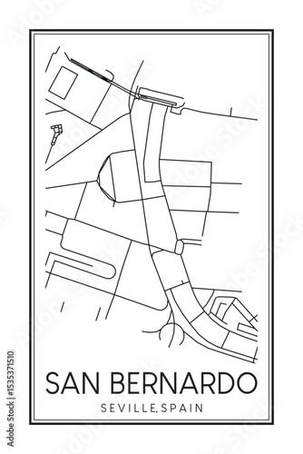 Hand drawn printable downtown road map poster of district SAN BERNARDO of the Spanish city of SEVILLE on solid white background with city name