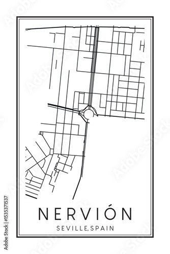 Hand drawn printable downtown road map poster of district NERVIÓN of the Spanish city of SEVILLE on solid white background with city name