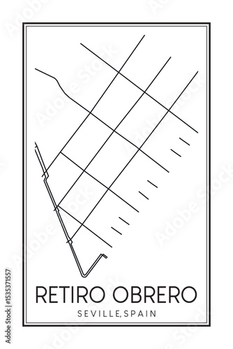 Hand drawn printable downtown road map poster of district RETIRO OBRERO of the Spanish city of SEVILLE on solid white background with city name