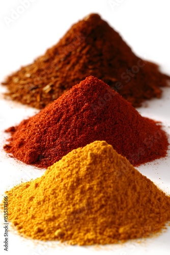 Earthy Trio of Culinary Powders, Colorful spice arrangement with isolated