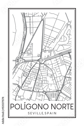 Hand drawn printable downtown road map poster of district POLÍGONO NORTE of the Spanish city of SEVILLE on solid white background with city name