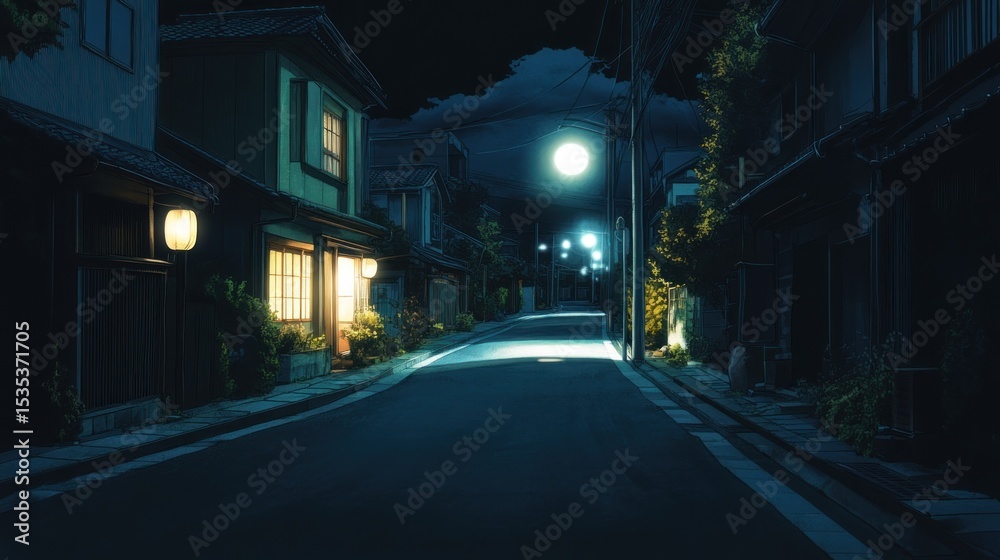 Nighttime tranquility: A quiet residential street illuminated by moonlight and streetlights Nighttime tranquility: A quiet residential street illuminated by moonlight and streetlights