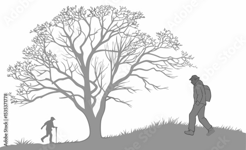 Two People Walking Near a Majestic Bare Tree on Uneven Terrain