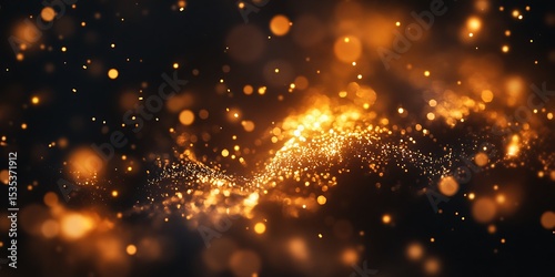 Elegant abstract flow with shining golden particles on dark background