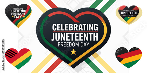 Celebrating Juneteenth Freedom Day with heart symbols, African American pride colors, and a message of freedom, unity, and love for equality