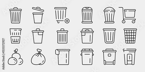 Trash Bin and Garbage Icons Set. Line Style Waste Containers and Trash Bags