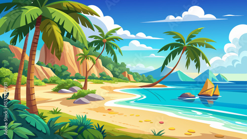 Scenic tropical beach paradise on exotic island. Relaxing palm trees sunny sea sand sky. Luxury summer vibes perfect travel destination for honeymoon coastal adventures. Majestic best tourism Very bea